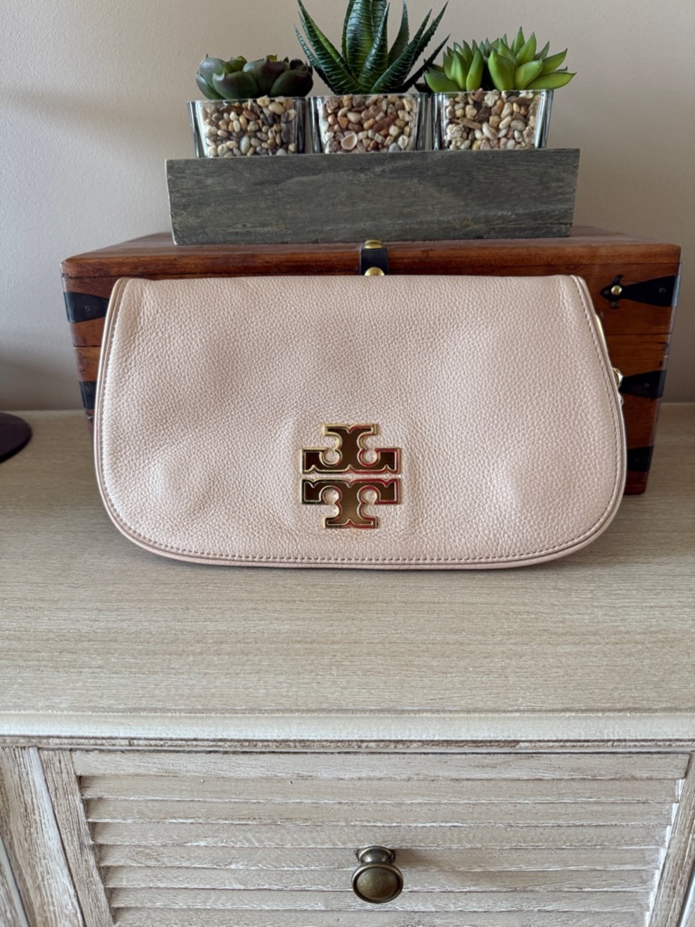 Tory Burch Blush Leather Flap Clutch with Gold Logo